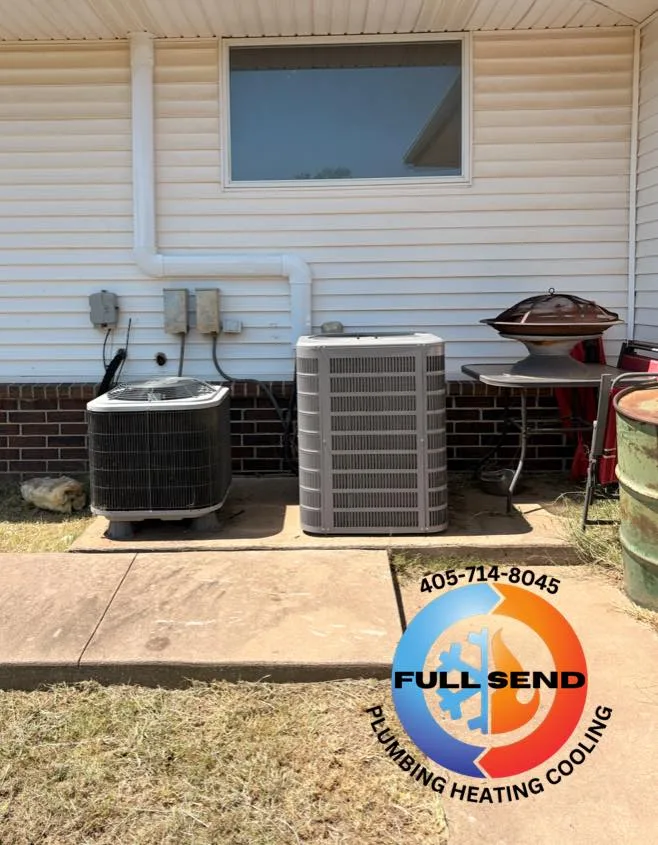 Two outdoor HVAC units serviced by Full Send in Perkins OK